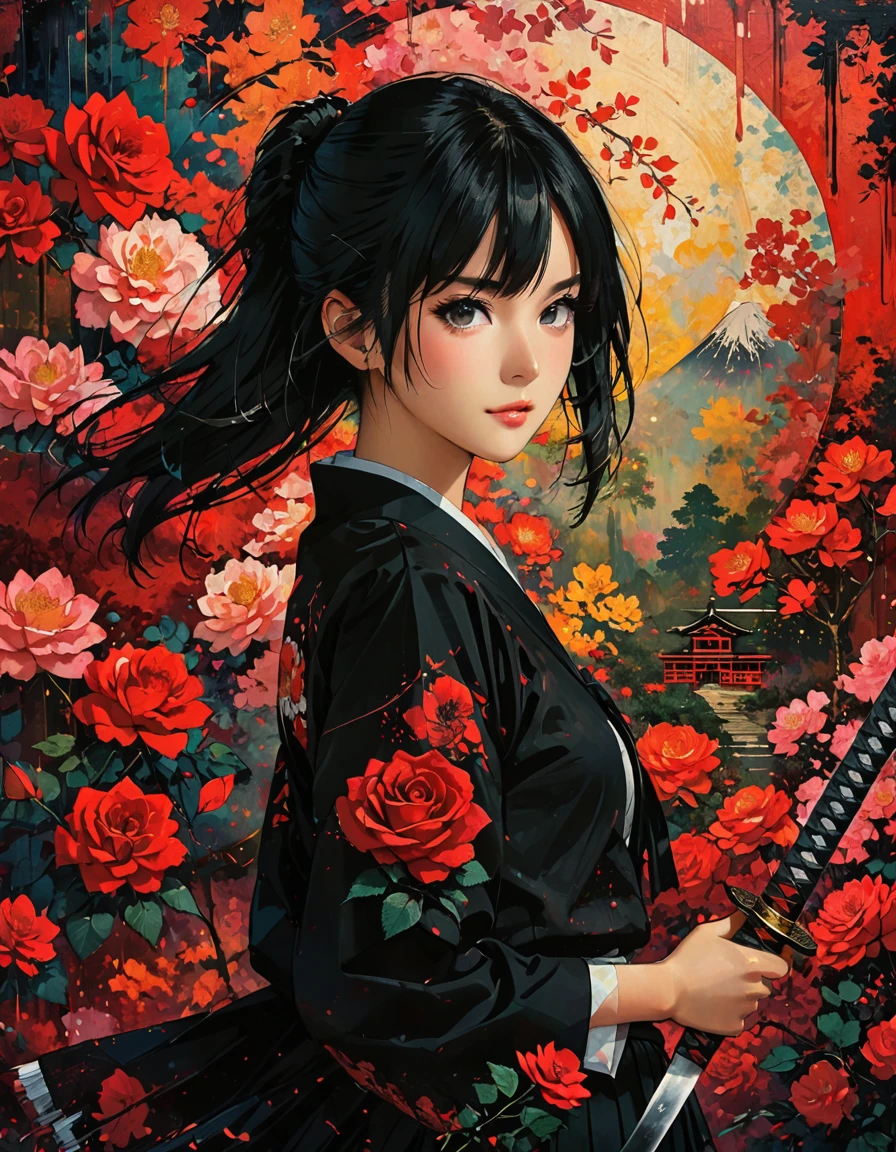 1 girl, 1 katana sword, a katana sword at the ready in front of a red rose background. neat straight bangs arranged horizontally, Long black hair in Kurohime cut, japanese school uniform, jk uniform, tall, Isayama Yomi. Rose petals fluttering, yandere grimdark, Artistic Japanese Paintings, Accurate katana sword shape. Cowboy Shot, ((masterpiece, highest quality, High resolution))