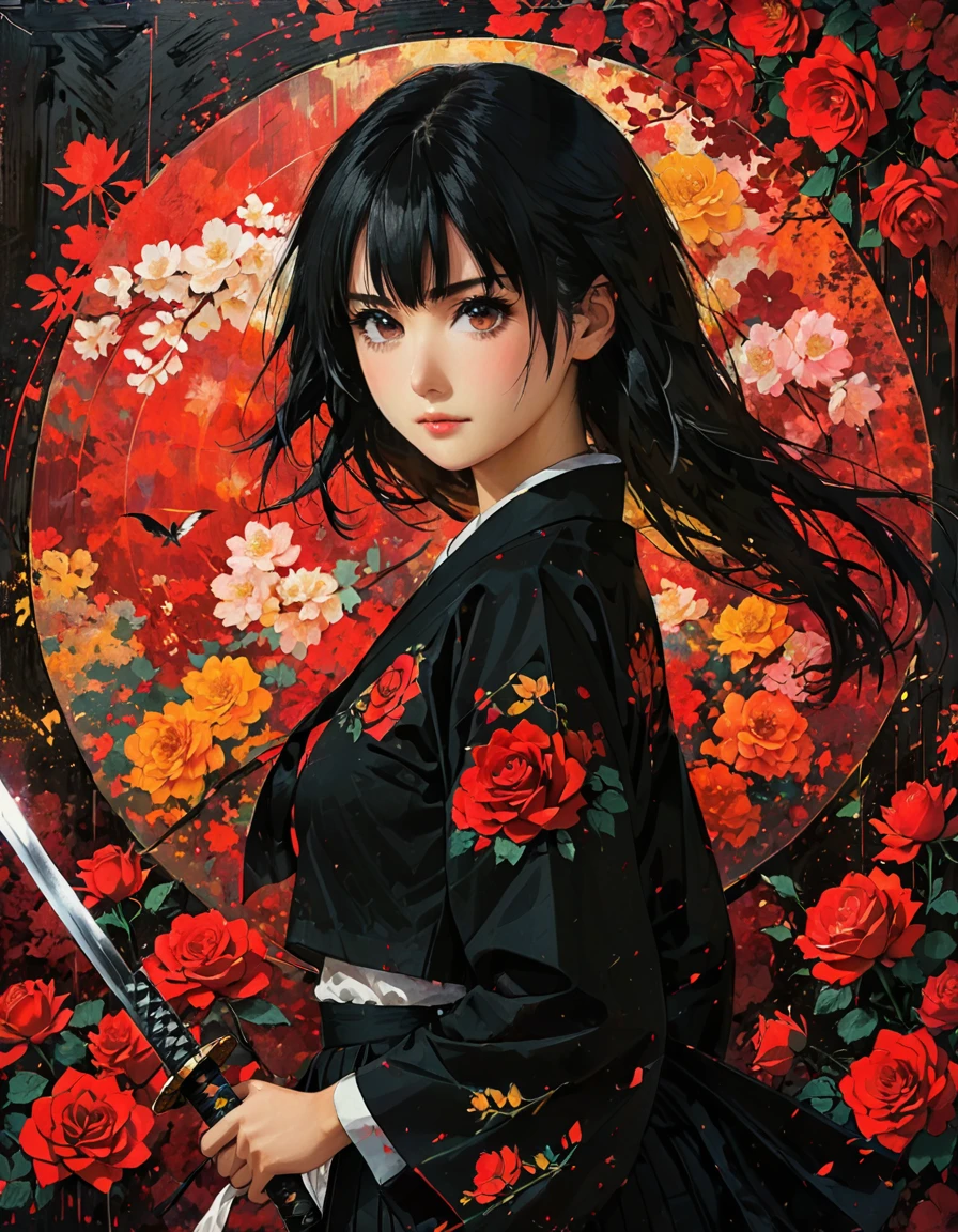 1 girl, 1 katana sword, a katana sword at the ready in front of a red rose background. neat straight bangs arranged horizontally, Long black hair in Kurohime cut, japanese school uniform, jk uniform, tall, Isayama Yomi. Rose petals fluttering, yandere grimdark, Artistic Japanese Paintings, Accurate katana sword shape. Cowboy Shot, ((masterpiece, highest quality, High resolution))