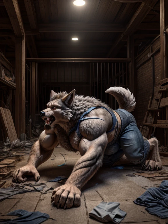 ((  is the best quality)), (( masterpiece )), ((4K)) (((  alone ))), Transform into a werewolf  ，Gray Wolf,  perfect face , Focused expression，(pain, facial pain， drastic changes )， alone ，Masculine charm ，Endocrine ，( delicate eyes  ,wolf eye)， turn hands into claws  , Toe line ，Recurve legs  , Sharp claws ,( Gray fluff)，(Thick chest hair)，( Muscular development)，(Broad bust )，( broken clothes )， howling then looking up ,(  detailed torso  )，((( Toe line  ))),(  and land on all fours ,Lying on the ground )，Mid-term transformation，basement， between humans and werewolves，( Chest enlargement  , hip bulge)，(Side View)，two pictures，Transformation process 