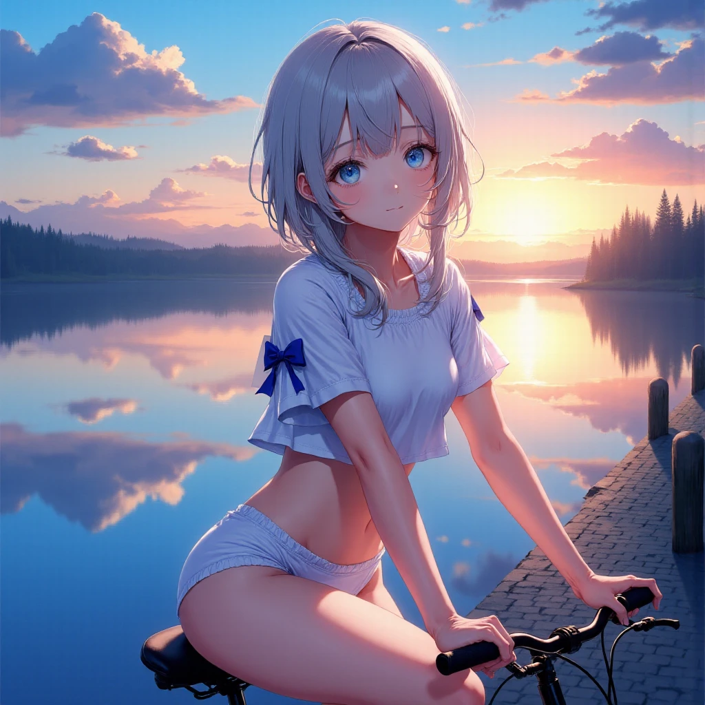  female middle school student、The most beautiful 。Northern European features。Bewitching Smile。With a delicate figure、 flat chest。Shining silver hair 。The bangs are neatly trimmed。 bob cut to shoulder length。 eyes are large almond-shaped and 、Blue Eyes。I'm riding my bike and 、 can see my white panties。 wearing a crop top and micro miniskirt、 colors white and dark royal blue。Location、Along the river at sunset 。