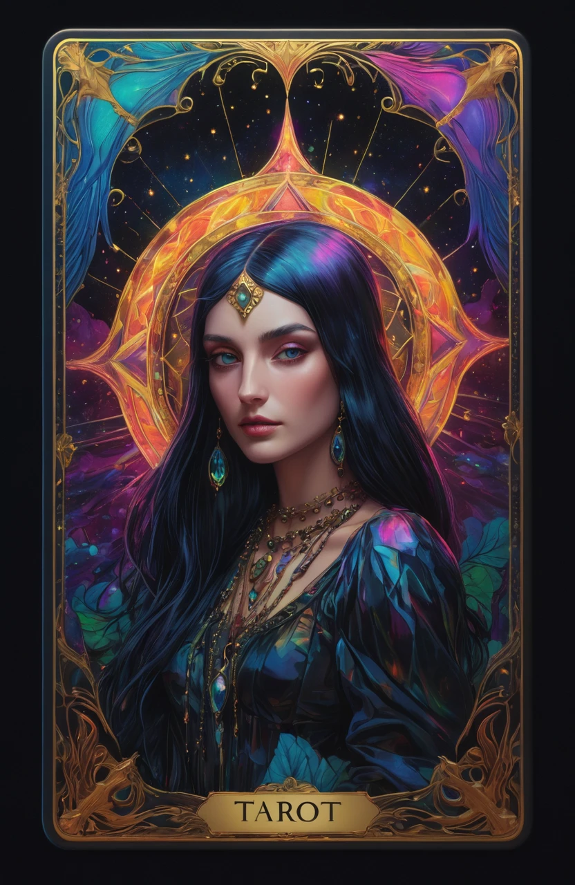 Iridescent tarot card style, only a card style frame boarder, concept art, masterpiece, (fractal:0.2), colorful, dark noir, muffled light, realistic, soft shadows, best quality, hyper detailed, 4k. 