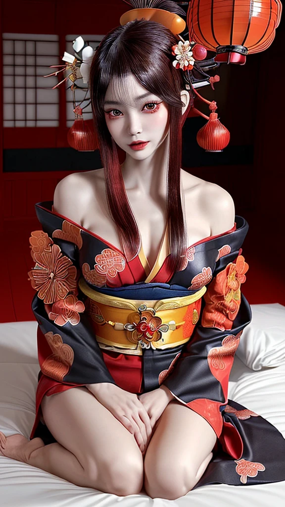 a woman (medium-size chest) long straight two ponytail hair dressed in a detailed,vibrant red short offshoulder kimono-inspired outfit is sitting on wooden bench in a traditional Japanese setting. She wears a striking red and white kitsune mask, adorned with ribbons, The kimono wide short sleeves with black and gold. The setting includes a scroll with Japanese calligraph and the bench beside her holds traditional Japanese items, such as sake set,decorative fan,