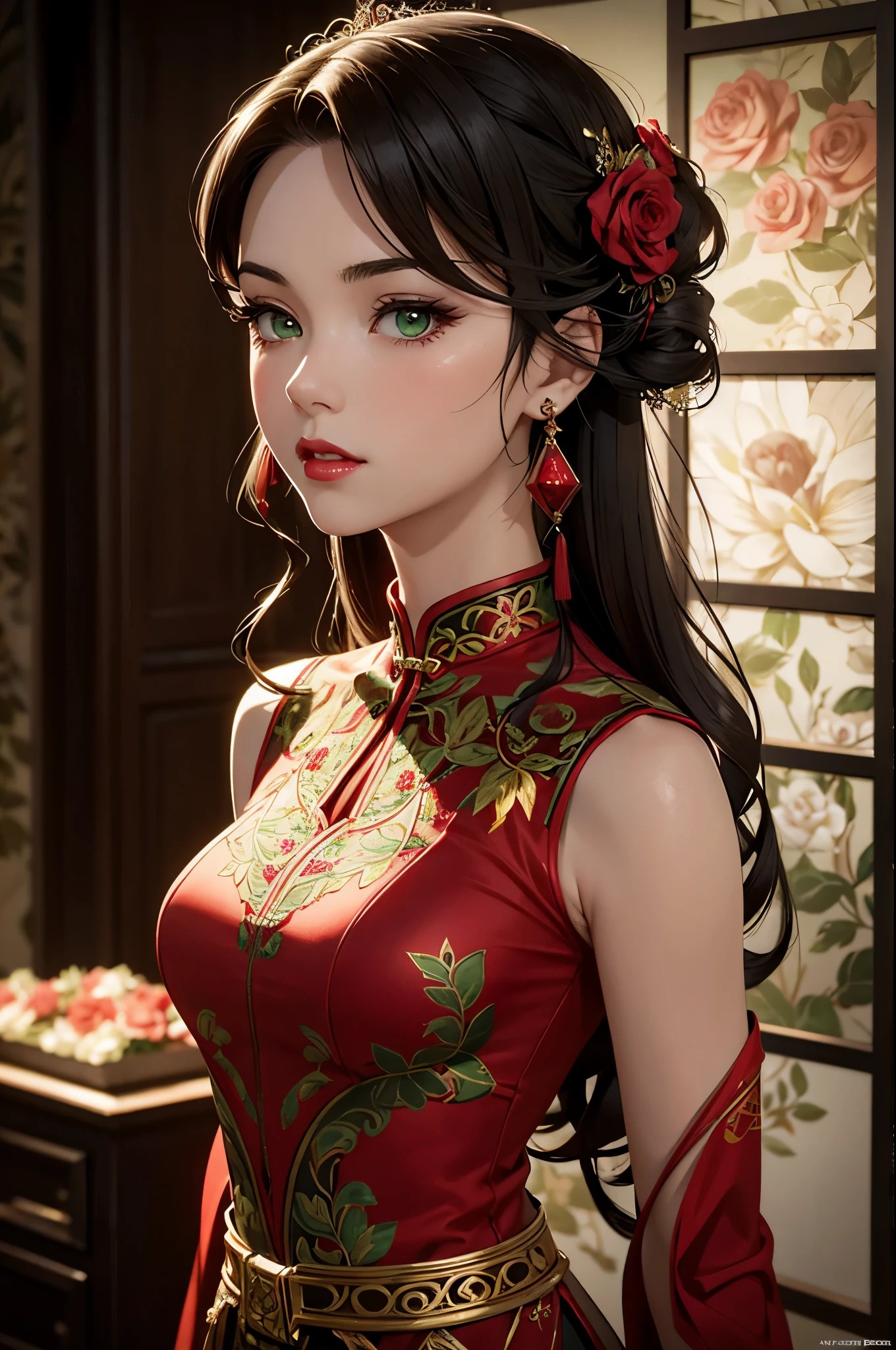 ((RAW Photos)), ((masterpiece)), (A young woman wearing an ao dai with a red and green motif based on the image of plants:1.2), (Full Body:1.1),Intricate details, View your viewers, Complex game character depiction, beautiful, Fine eyes and lips,(Detailed depiction of the hands:1.2),Large Breasts,White background,Fantasy,Perfect Face, (1 girl:1.3),Big shiny clear golden eyes,Long black hair tied up,shy,
