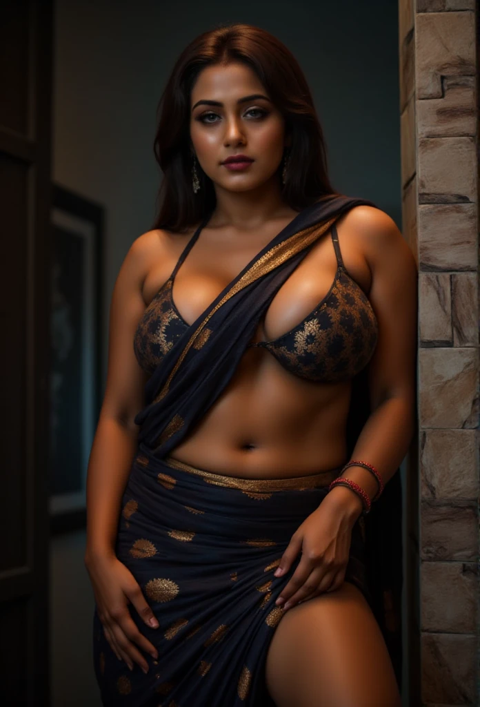Photo of sexy mahie gill standing showing breasts to viewer, curvy, hourglass figure, deep cleavage, look at viewer and subtle smile, seductive eyes, sultry, blue lace lehenga, ponytail, 38 yo, HD, 4k, ultra high quality, (cinematic:1.3), intricate details, (ArtStation:1.2), semi naked