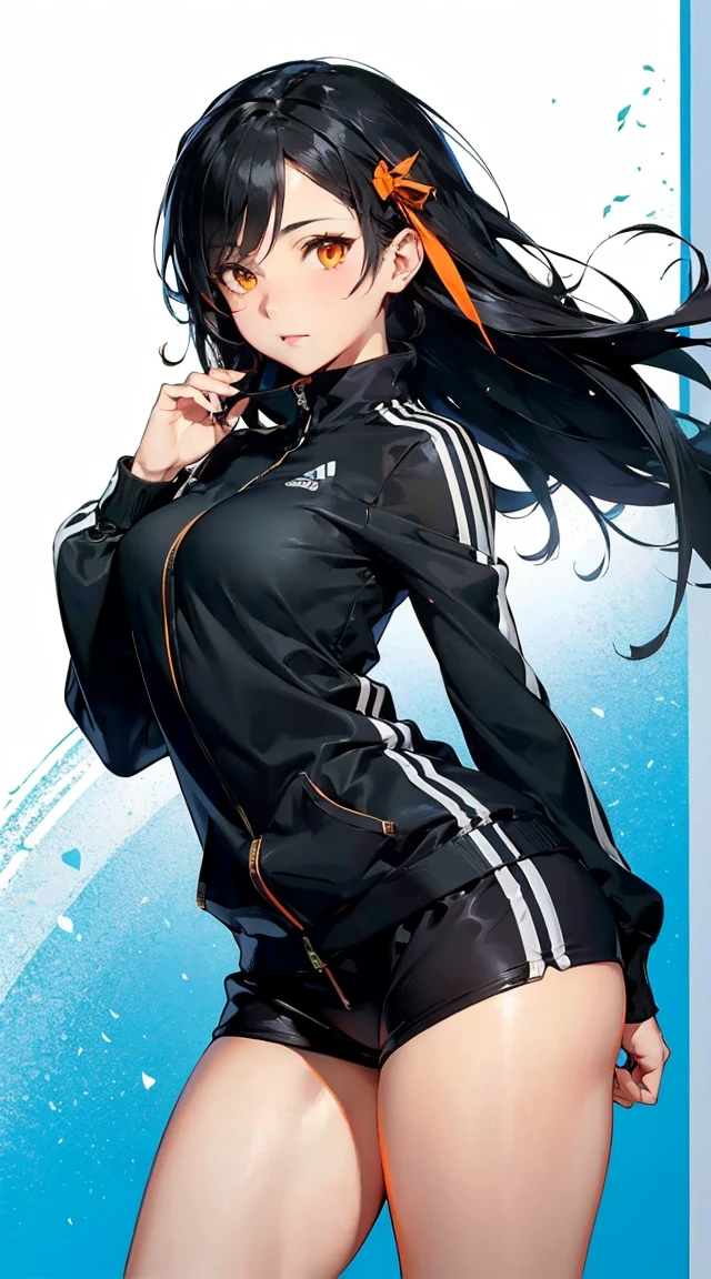 (masterpiece, best quality) detailed, 1man, clothing is a mix of sword art online clothing and a adidas jumpsuit , ((white background)) , A beautiful mature woman , dark brown hair , extremely long hair , hair in a ponytail , brown eyes , age 41 , half zipped short , black bra, white and black hair bow ,