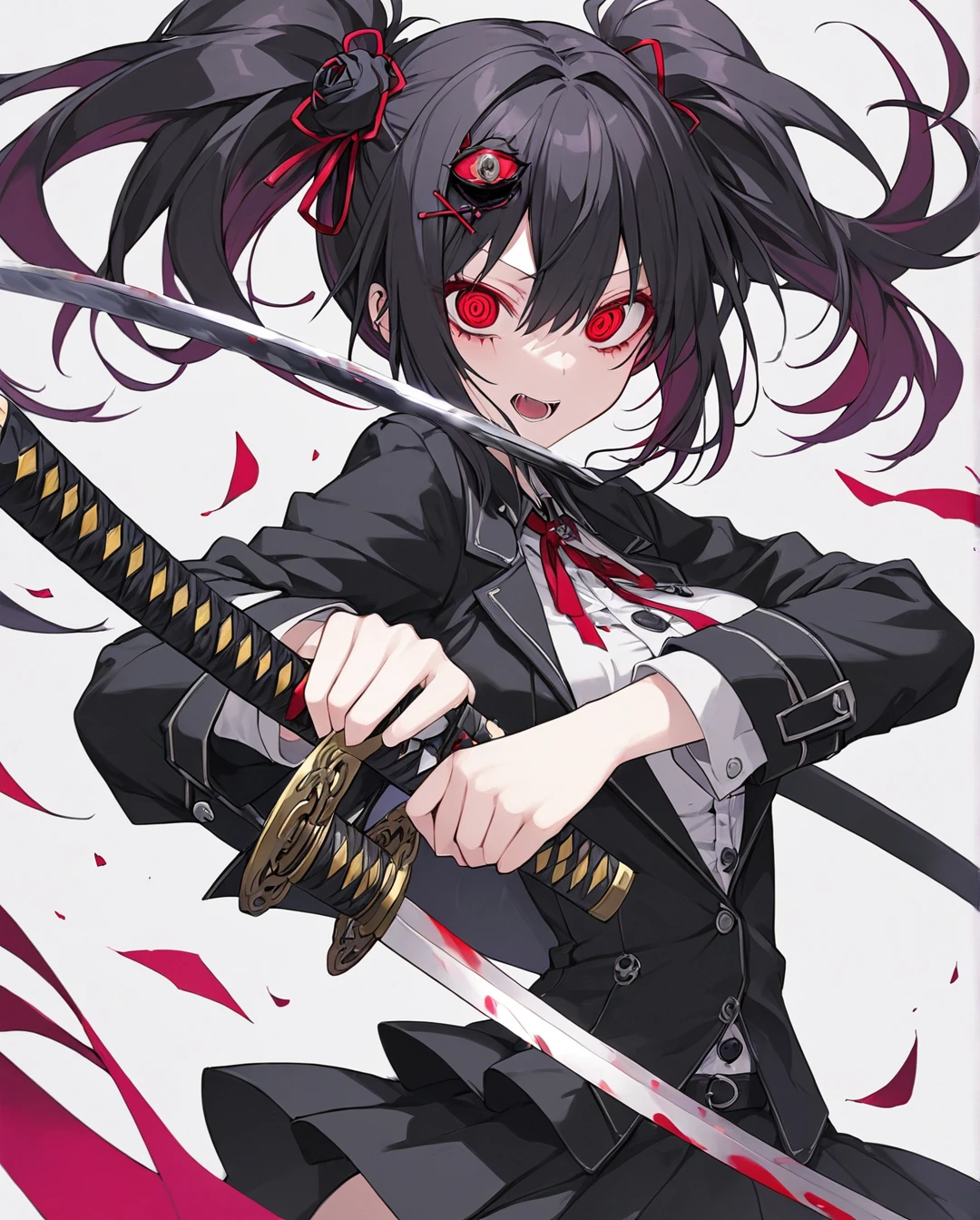 1girl,AIU,Black goth punk fashion,Red eyes,half-closed eyes,(crazy eyes),hair ornament,perfect anatomy,dynamic action pose,(holding katana),beautiful skin