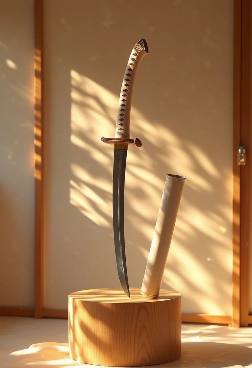 A serene composition featuring a stunning katana display. Soft, warm light emanates from a subtle background glow, subtly highlighting the sword's intricate design and curves. The katana rests on a minimalist wooden pedestal, its scabbard open to reveal a gleaming blade. Framed by a simple yet elegant Japanese-inspired setting, with wispy tatami mats and sliding doors blurred in the background, emphasizing the katana as the focal point.