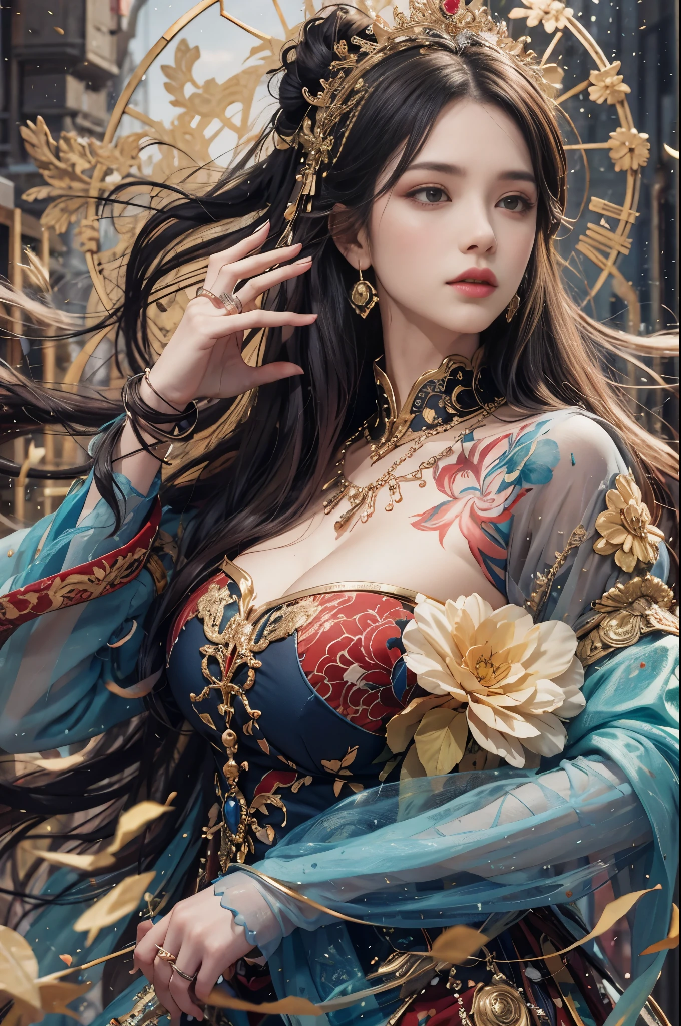 Photorealistic, High resolution, 1womanl, Solo, hips up high, look at viewr, (Detailed face), Kimono, The tattoo, Jewelry