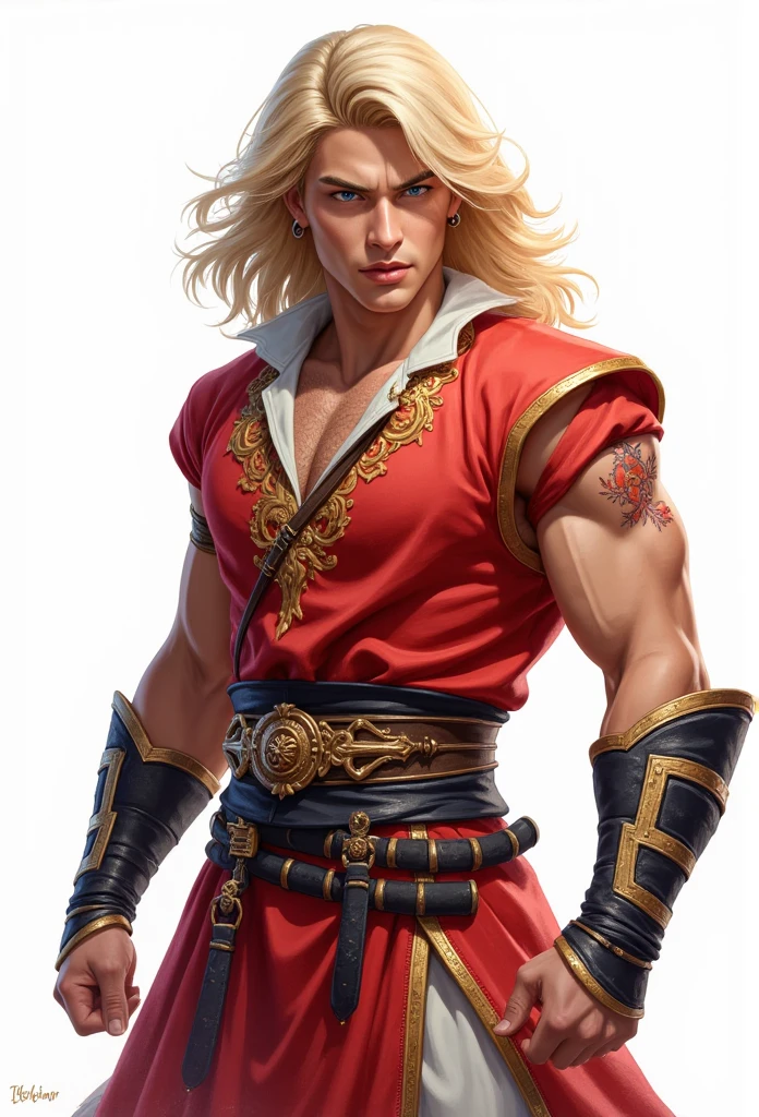 I am tall and athletic, with golden blonde hair and piercing blue eyes. My lips are always painted crimson red, which only highlights my gorgeous smile. The fabric of my outfit is soft, but the cut of it is sharp and bold, allowing me to move with ease despite its form-fitting nature. Male, bara