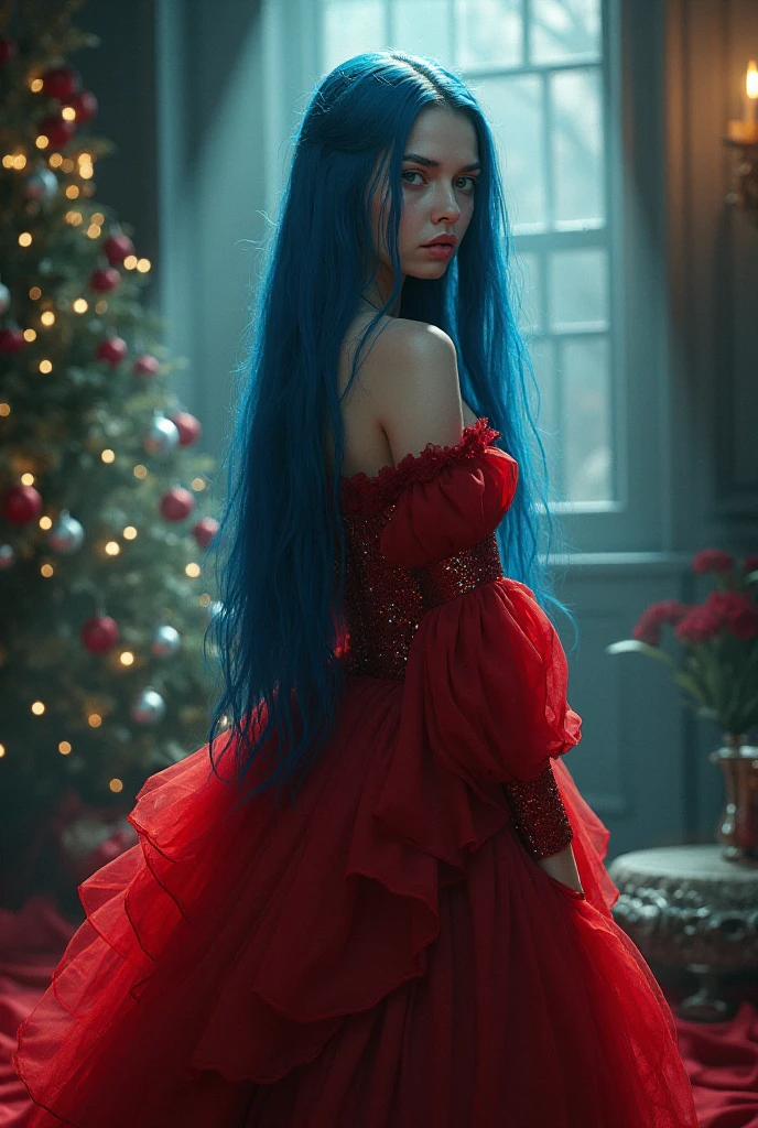 Pre-Raphaelite art, unreal engine, A young beautiful figure, Pre-Raphaelite style, Wales monarch costume, red dress, show forehead, blue hair, long straight hair, black nails. In the Christmas tea , fantasy magical fairytale setting,