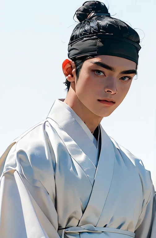 (absurdres, highres, masterpiece, best quality, ultra-realistic,ultra-detailed,(beautiful detailed face and eyes and hair:1.1),handsome,mature,muscular,black hair,slant eyes,datailed face,topknot,see-through headband,white hanbok,little sad,sky gradation background