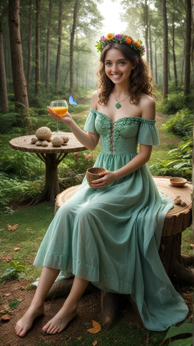 masterpiece, excellent quality, high quality. (Earthly colors), Enchanted tone, ****, 1girl, flower crown, magical forest glen, gentle smile, solo, long flowing hair with leaves, diaphanous gown, brown hair with green highlights, green gown, mossy rock, ancient tree, looking at viewer, dawn, pastel sky with wisps of clouds, butterfly hair clip, wild fruits, bare feet, wooden stump table, blue eyes with a hint of magic, blush, delicate cleavage, mushrooms, fluffy clouds, light blue sky with sun rays, forest landscape, breasts, hair strands swaying, wooden cup, crystal goblet, grin, forest stream, flower garland, hands holding a flower, fairy, mossy cushion, teeth, wooden bench, wildflowers, clear water, drink, nectar, leaf pendant, sitting, purple eyes, soft focus, ruffles and leaves, off-shoulder gown, grassy rug. [Artists: ForestElfArtist, MagicalNatureCreator, EnchantedForrestVisionary]