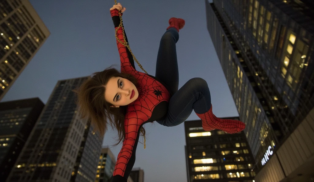 Hyperrealistic and detailed photo of Longford dressed as a Spider-Man swaying in a web across buildings at night.  perfect eyes, ( eye makeup  :1.1), (detailed skin:1.1), (perfect large ), CRU, analog style, sharp focus, 8K UHD, dslr camera,  high quality, Fujifilm XT3, grain, awarded, masterpiece.