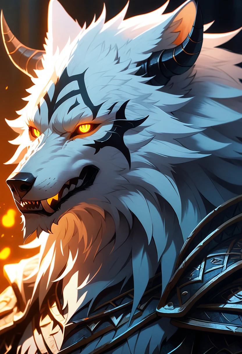 handsome demonic anthropomorphic white wolf in black wolf armor, black demon horns, glowing golden demon eyes, white fur, black tribal markings on white fur, furry anime art, medieval, dark fantasy, light novel art, 4k, furry