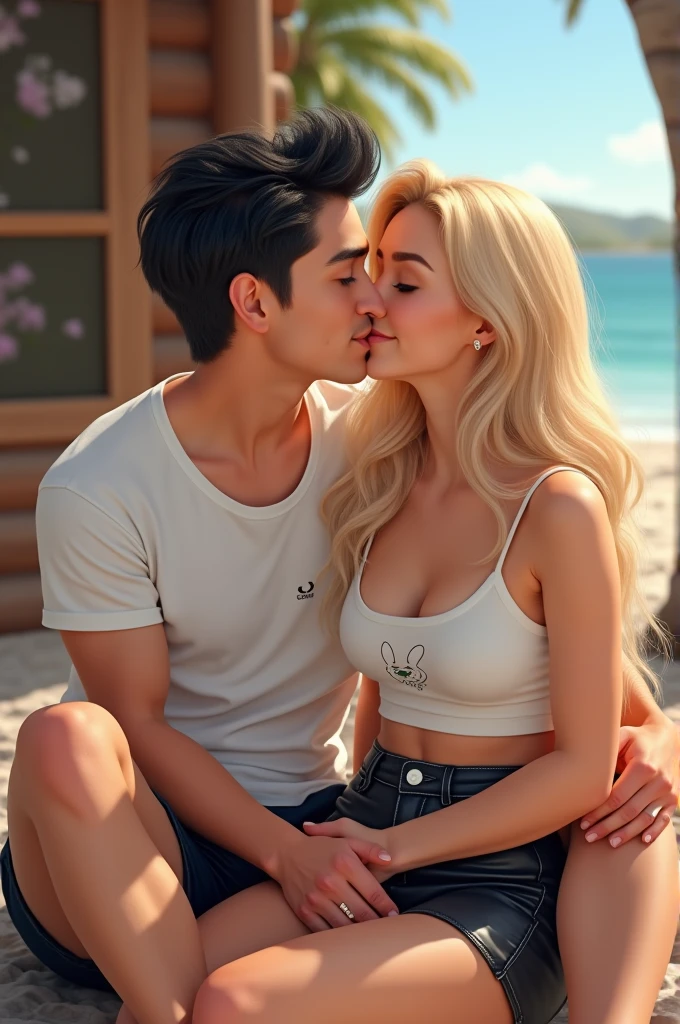 Naked hunky guy and blonde woman in color mesh have intense sex on the beach、Full nude sex、Awesome fun、smile、Nipple details