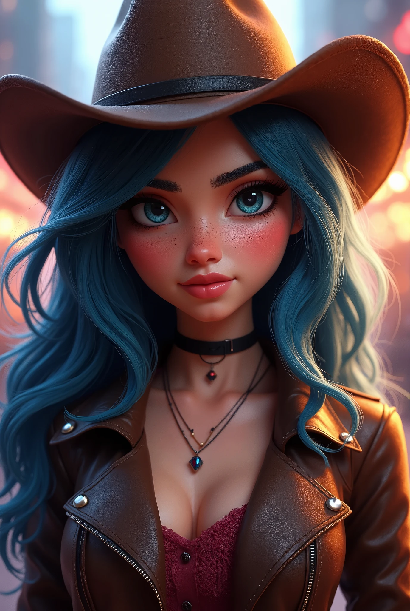 a beautiful woman with dark blue hair, leather jacket and cowboy hat, Disney-Pixar style, detailed face, beautiful eyes, beautiful lips, 1girl, digital painting, concept art, highly detailed, extremely detailed, (best quality,4k,8k,highres,masterpiece:1.2),ultra-detailed,(realistic,photorealistic,photo-realistic:1.37),cinematic lighting, vivid colors, warm lighting, dynamic pose, cinematic composition, whimsical, colorful, stylized, dynamic, vibrant, magical