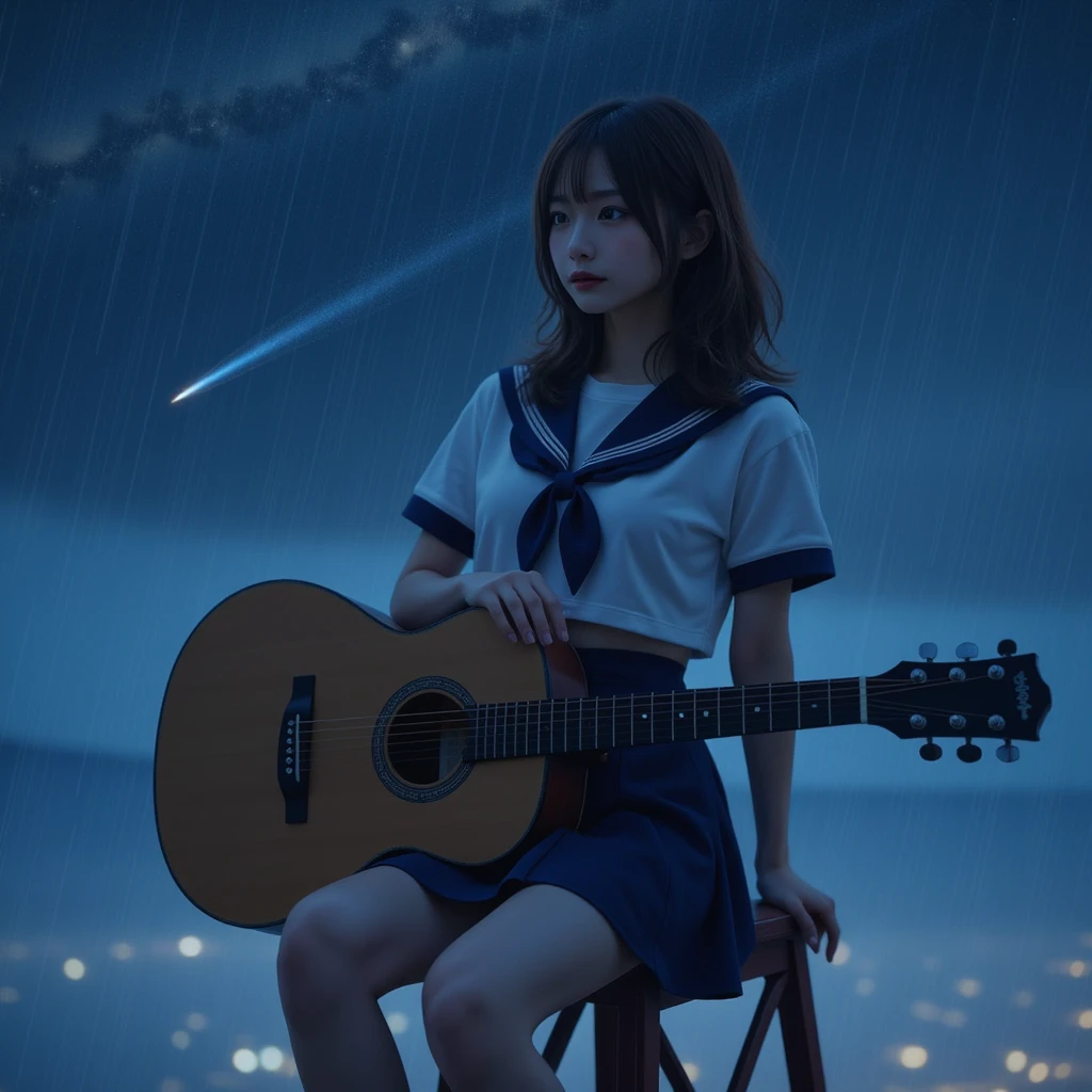  A woman sits at the tip of the steel frame of a tall radio tower,  Global Lighting ,  side view, from side:1.8, (Best Quality:1.4),   32k high resolution UHD  , (masterpiece:1.2),   Extremely Detailed Real Photo , (Realistic, 超Realistic:1.4),  in heavy rain  , Beautiful Japanese woman ,   Famous Beautiful Japanese Idol  ,  plays acoustic guitar:1.5, (Gibson folk guitar ), Perfect composition, Proper placement, Golden Ratio, Clear night sky,   full of stars:1.331, milky way, Milky Way, Cityscape,  Skyscrapers, Skytree,  anatomically correct proportions  :1.331,   has a small head :1.331,  Slender body:1.331,   thin waist :1.331, Thin limbs:1.331,   flat chest:1.331,  Cover your chest  :1.21,   Japanese high school sailor suit   :1.21, Short sleeve clothing,  White Short Sleeve Sailor Suit  :1.21, sera fuku:1.21,  navy mini skirt , I can see her belly button ,  , Brown Hair,   wavy hair  :1.21,  symmetrical eyes ,  Beautiful Hair Fluttering in the Wind   , 