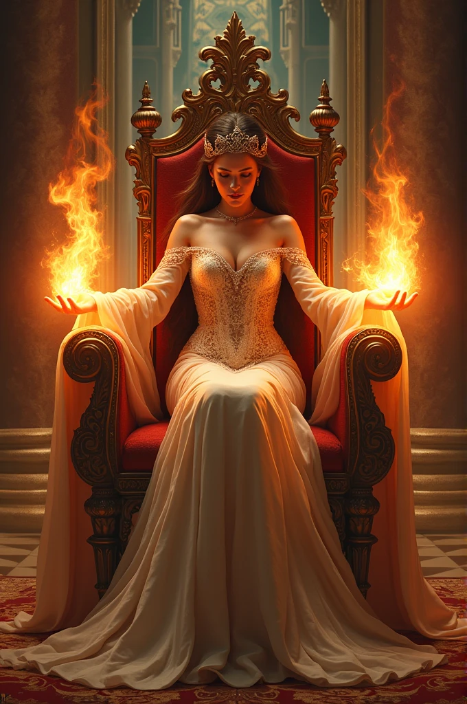 icture of a fire queen sitting on her fiery throne, a (fire queen: 1.2) wearing white dress, royal dress, glamorous dress, dynamic hair, bold intense eyes, extremely exquisite beautiful queen, perfect body, (anatomically correct: 1.3), ultra feminine, ultra detailed face, red lips, fiery glowing eyes, she sits on a (fiery throne: 1.3) of magic, and might, throne carved from basalt, legendary symmetric design, with (many carvings in the marble: 1.3), (lava veins in the basalt and on the handles, decorated with rubies, and opal gems, goddess of fire fantasy hall room background, (masterpiece: 1.4) intense details, highly detailed, photorealistic, best quality, highres,16k, [ultra detailed], masterpiece, best quality, (extremely detailed), close up, ultra wide shot, photorealistic, RAW, fantasy art, dnd art, fantasy art, realistic art,((best quality)), ((masterpiece)), (detailed: 1.5), ral-ntrgmstn,