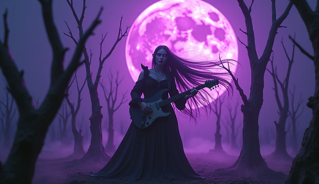A demon woman,black wings,purple hair,rainbow colored eyes, black and white dress, Holding a broken vinyl record and walking through a forest in Prague 