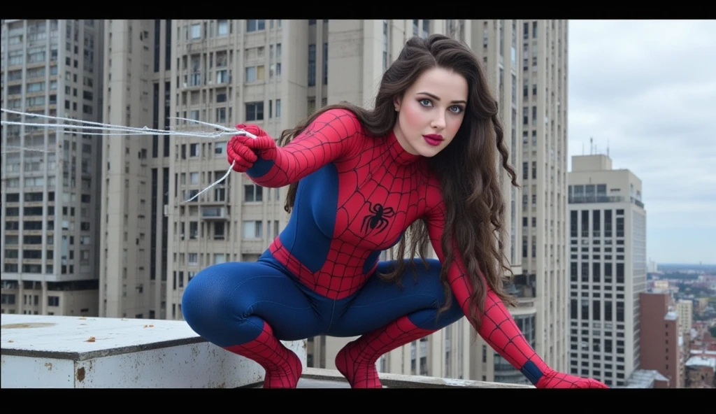 Hyperrealistic and detailed photo of Longford dressed as a Spider-Man crouching on top of a building casting a web with her right hand just like Spider-Man.  perfect eyes, ( eye makeup  :1.1), (detailed skin:1.1), (perfect large ), CRU, analog style, sharp focus, 8K UHD, dslr camera,  high quality, Fujifilm XT3, grain, awarded, masterpiece.