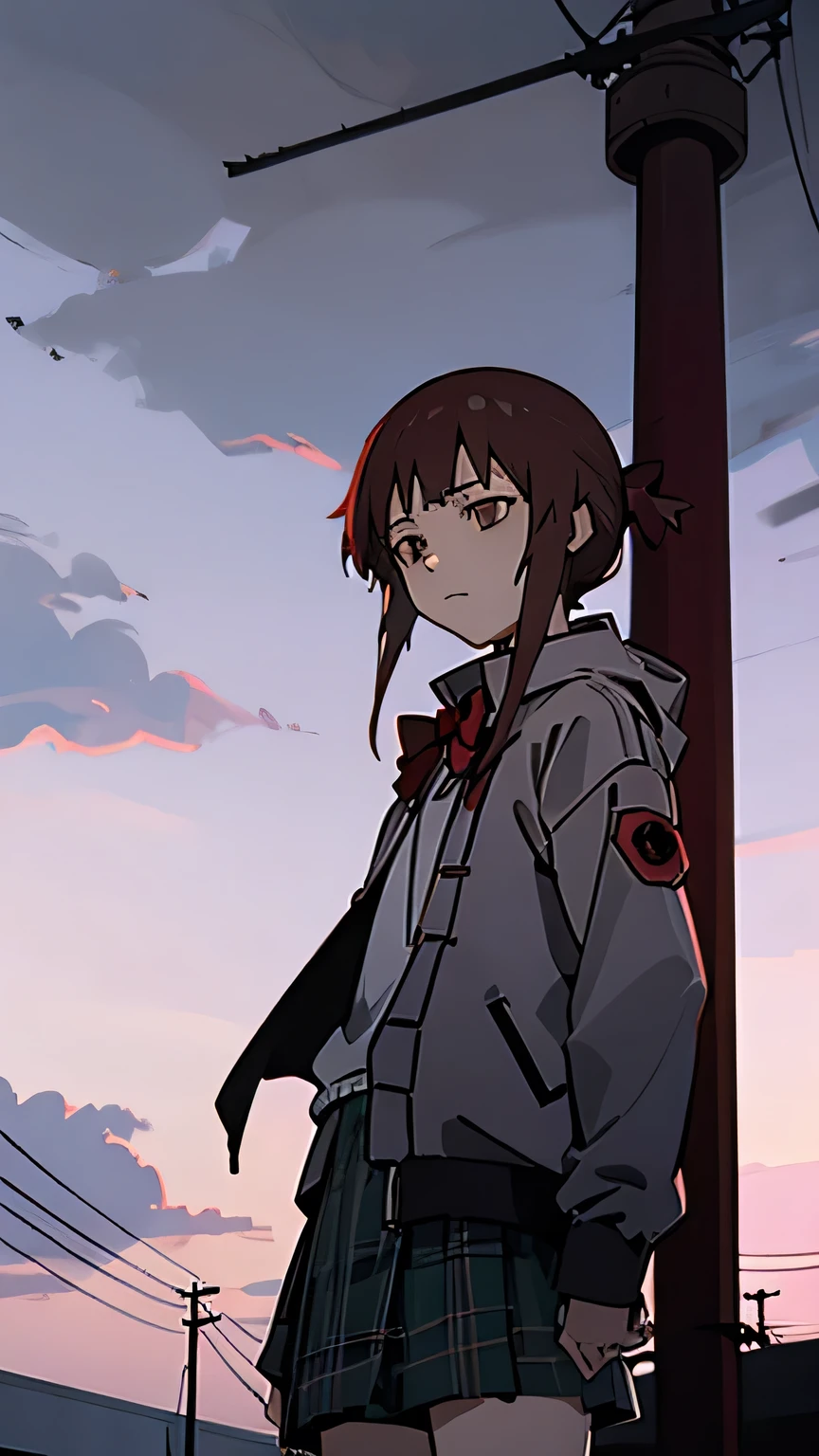 1girl, iwakura lain, cowboy shot, (schlain:1.1), grey jacket, green skirt, plaid skirt, brown eyes, red bow, expressionless, outdoors, (utility pole:1.5), closed jacket, cloudy sky, dark_sky, perspective,