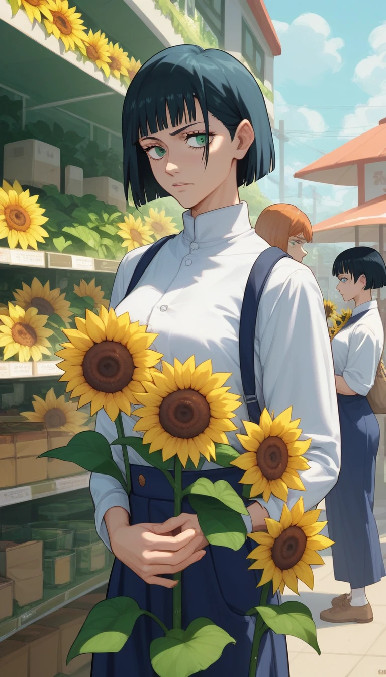 Create an anime cartoon jujutsu kaisen , Teenage women, Black hair with green inside, wolf cut, green eyes, height 160, infj,  holding sunflower flowers in front of a flower shop