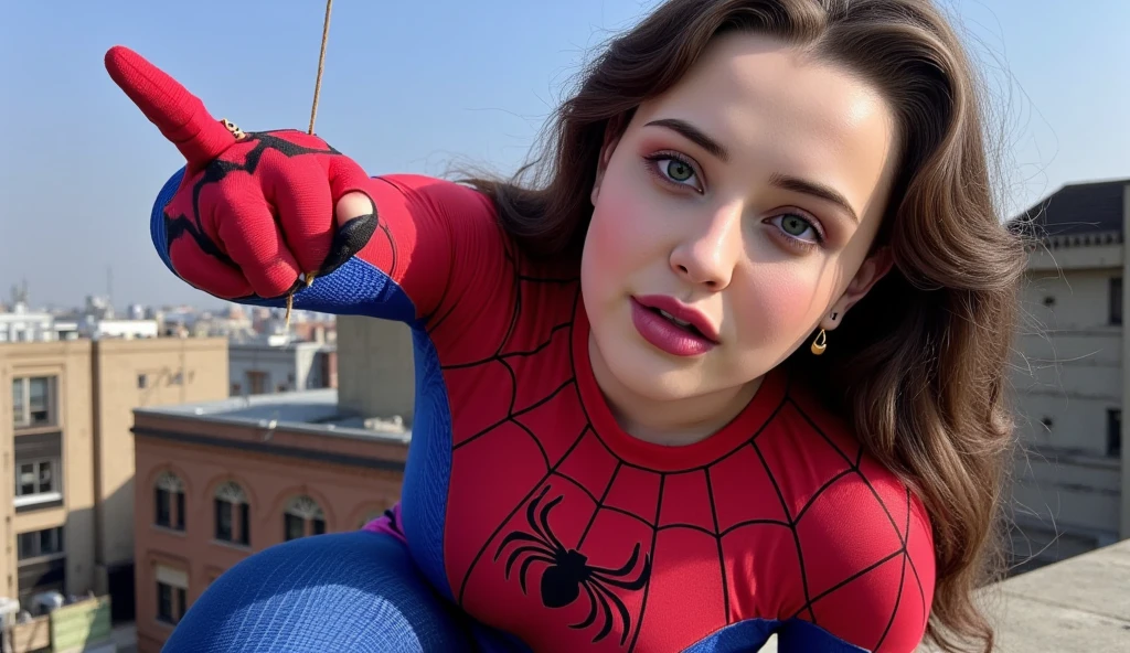 Hyperrealistic and detailed photo: Longford dressed as a Spider-Man crouching on top of a building, throwing a web with her right hand, the same way towards the camera Spider-Man.  perfect eyes, ( eye makeup  :1.1), (detailed skin:1.1), (perfect large ), CRU, analog style, sharp focus, 8K UHD, dslr camera,  high quality, Fujifilm XT3, grain, awarded, masterpiece.