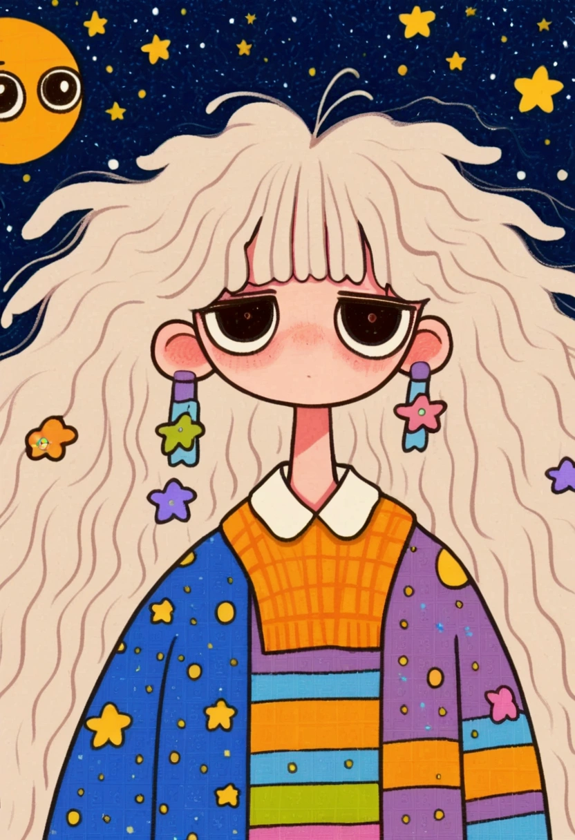 ish Art，Folk Art，thick black lines，Portrait with a hat， big eyes，sweater，Sleepy，anime girl with long hair and 星星s in her hair, dressed in 星星s and planets, 星星s in her gazing eyes, 