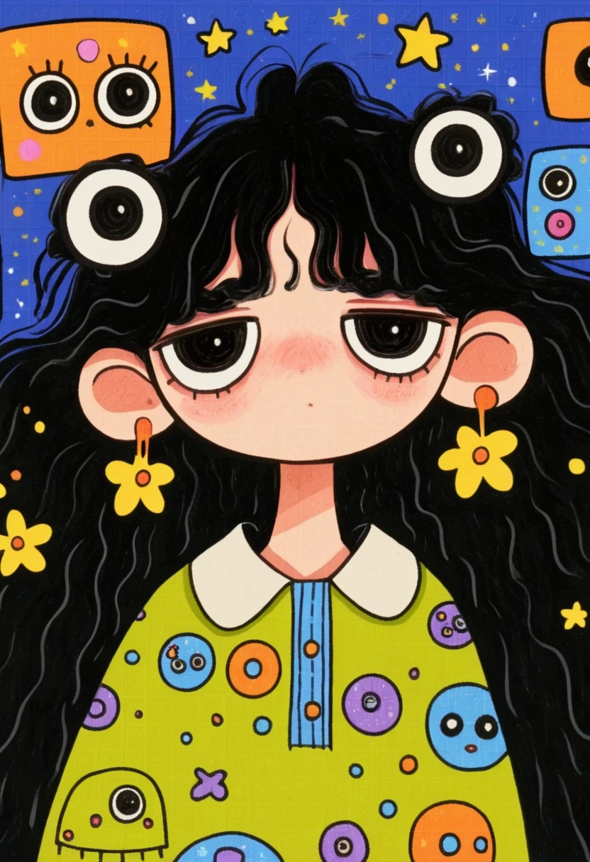 Childish Art，Folk Art，thick black lines，Portrait with a hat， big eyes，sweater，Sleepy，anime girl with long hair and 星星s in her hair, dressed in 星星s and planets, 星星s in her gazing eyes, 