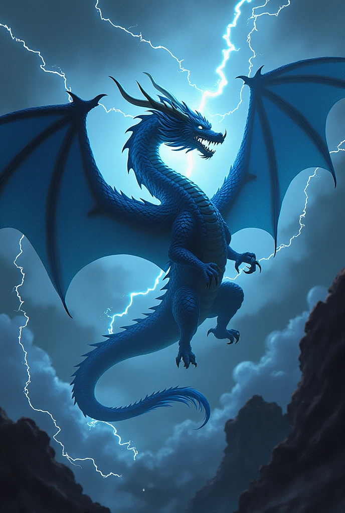 (A storm dragon with 2 wings standing on a high rocky ledge ), solo, lightning, clouds, rain, BREAK, mystical creature, realistic, ultra detailed, dynamic pose, moonlit night, detailed snowy mountain background