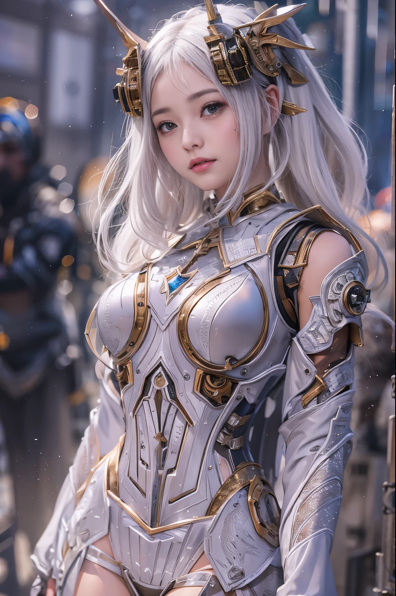 NSFW,((top-quality、8K、tmasterpiece:1.3)),(Shoot from the thigh upwards:1.27),Girl with delicate face,navel,The highest image quality,ultraclear,The facial features are delicate and clear,machine arm,exquisitedetails,(Camel Tou)、Mechanical pattern,cyber punk perssonage、Cyber City、the number、thrones、(Reveal clothing:1.5)