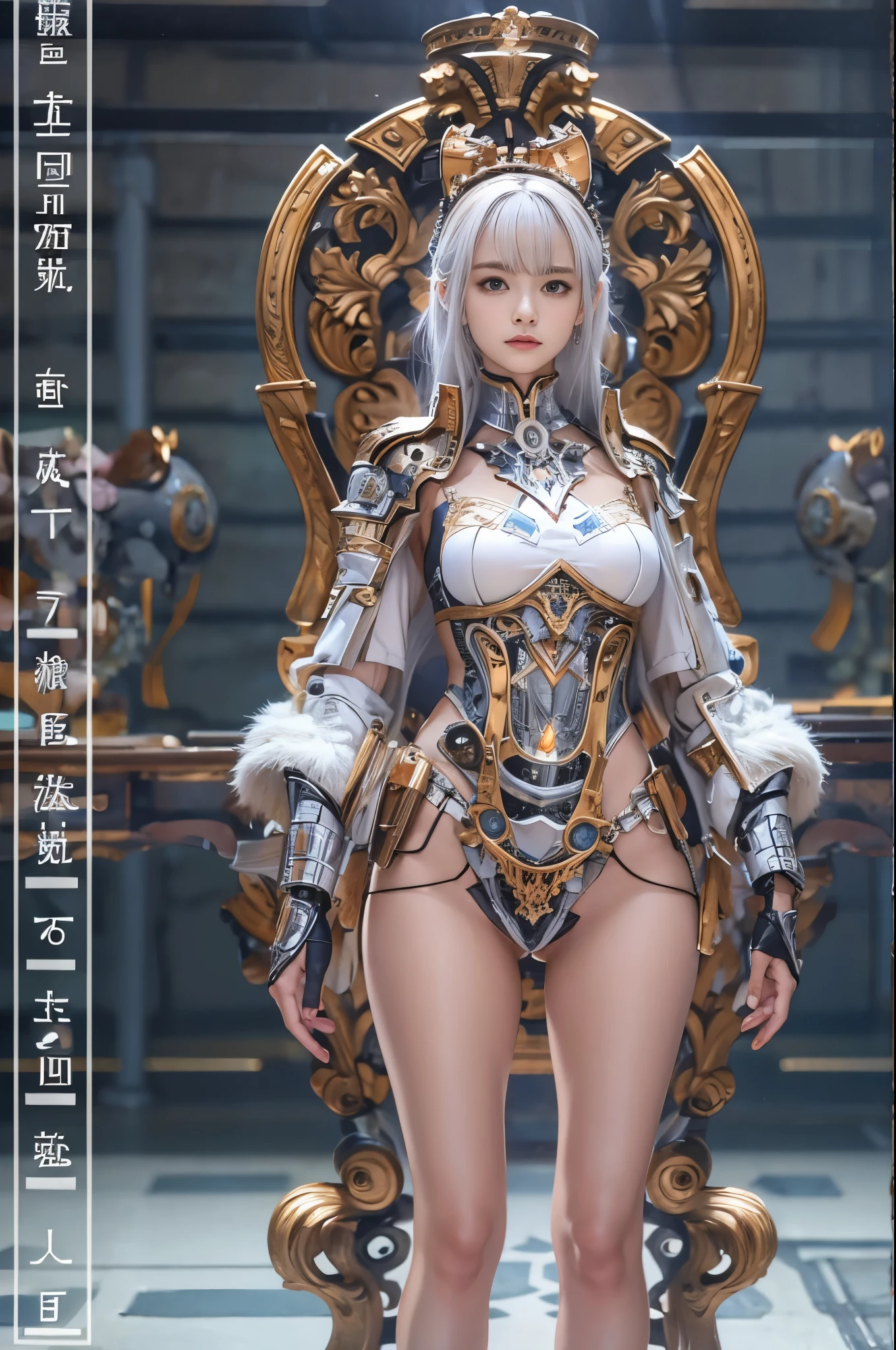 NSFW,((top-quality、8K、tmasterpiece:1.3))，(Shoot from the thigh upwards:1.27)，Girl with delicate face，navel，The highest image quality，ultraclear，The facial features are delicate and clear，machine arm，exquisitedetails，(Camel Tou)、Mechanical pattern,cyber punk perssonage、Cyber City、the number、thrones、(Reveal clothing:1.5)