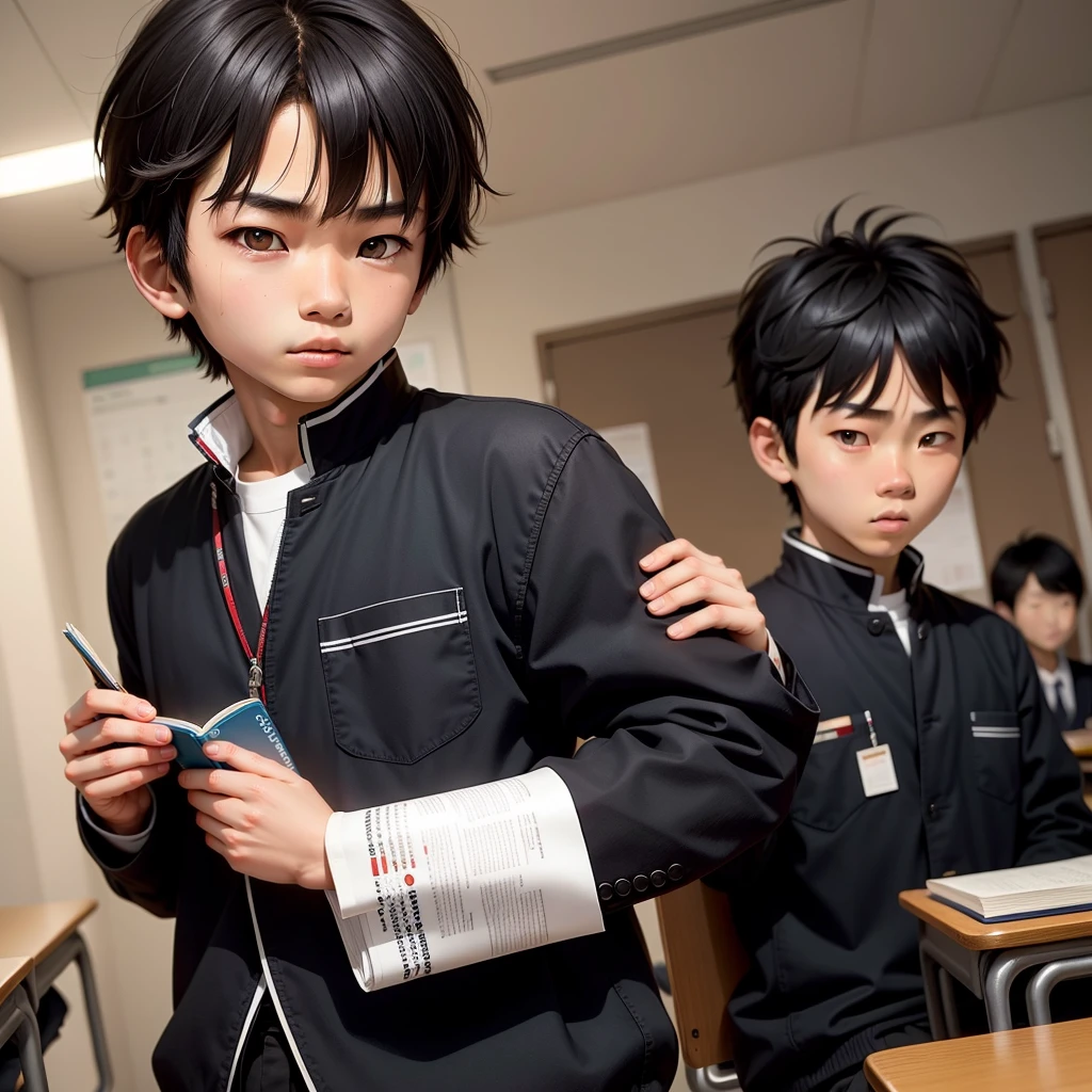 solo, solo focus,(15years old),a Japanese boy,short black hair,serious expression, holding a textbook,some classmates in the classroom in his background,wearing japanese black school uniform called "gakuran",