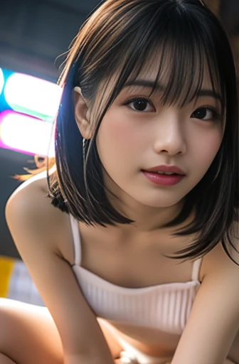 beautiful cute girl, (masterpiece:1.3), (8k resolution, photorealistic, RAW photo, best quality: 1.4), Sharp focus: 1.2, A beautiful woman with perfect body: 1.4, Slim abdomen: 1.1, ((Layered haircut)), (((Huge breasts :1.6))), (no bra), (pubic hair), (wearing a extremely small micro bikini and a white silk transparent extreme micro thong), Highly detailed face and skin texture, Detailed eyes, Double eyelid, beautiful face, beautiful hairstyle, realistic eyes, beautiful detailed eyes, (realistic skin), attractive, ultra high res, ultra realistic, highly detailed, (detaled face:1.2), looking at viewer, smile, perfect slim figure, ((Kneeling in the department store and serving customers)), ((from high angle shot)), (tongue out and mouth open:1.2), (eyes looked up:1.3), (her face and breasts are wet), ((she is wet)),
