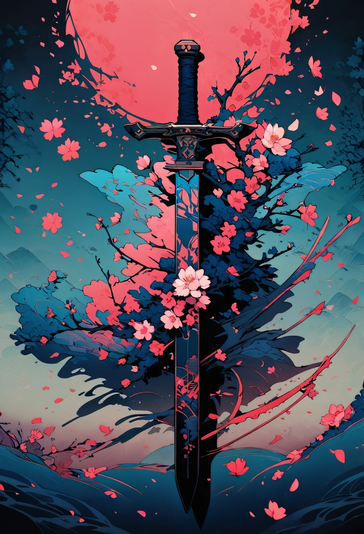 masterpiece, best quality, high detailed, newest,1sword, the sword is entwined with delicate cherry blossom branches. Flower Leaves,Cherry blossom branches, minimalist background, Japanese ink art style, peaceful, flower wrap around the sword handle, sword focus, ink art, no humans, close up, flower pattern handles, flower pattern sword, ocean, intricate detail, elaborates design, cinematic poster, petals, flower petals, no metal,(abstract:0.7)