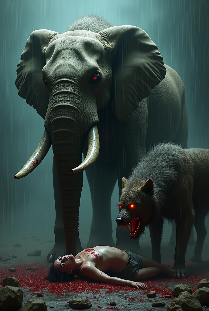 It's moonlight, a black hyena is lying dead with a lot of blood on its face, the front view showing its face. A tusked elephant has one of its paws placed on the hyena, with its mouth open. The tusked elephant face, also in the front view, has blood on it, and its mouth is open."