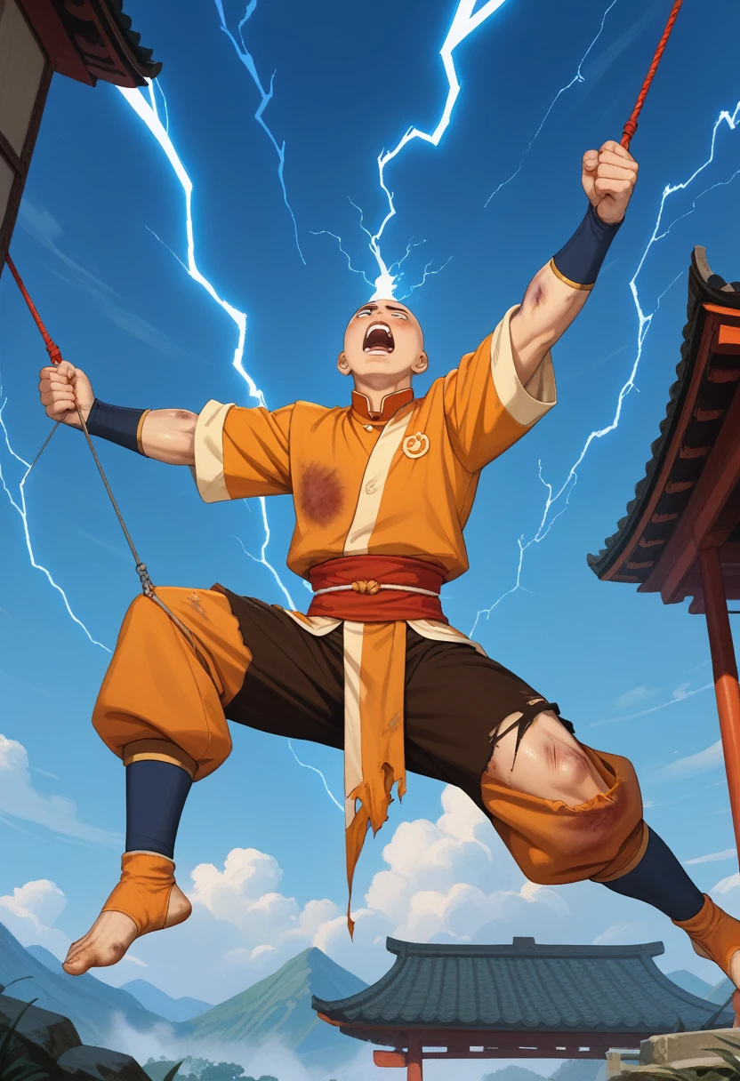 Avatar Aang, The Last Airbender, full body,  bald, he is being electrocuted by  a powerful bolt of blue lightning, he is suspended in the air, wearing orange and white air bender nation clothes, painful expression, he is screaming, back arched, top down view, contorted limbs, bruised and beaten, torn clothes,