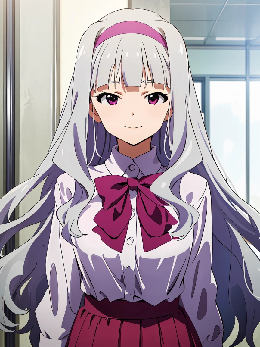 (((pixel-perfect, detail-perfect))), solo, 1girl, takane shijou, purple hairband, big , shirt, bow, looking at viewer, smile