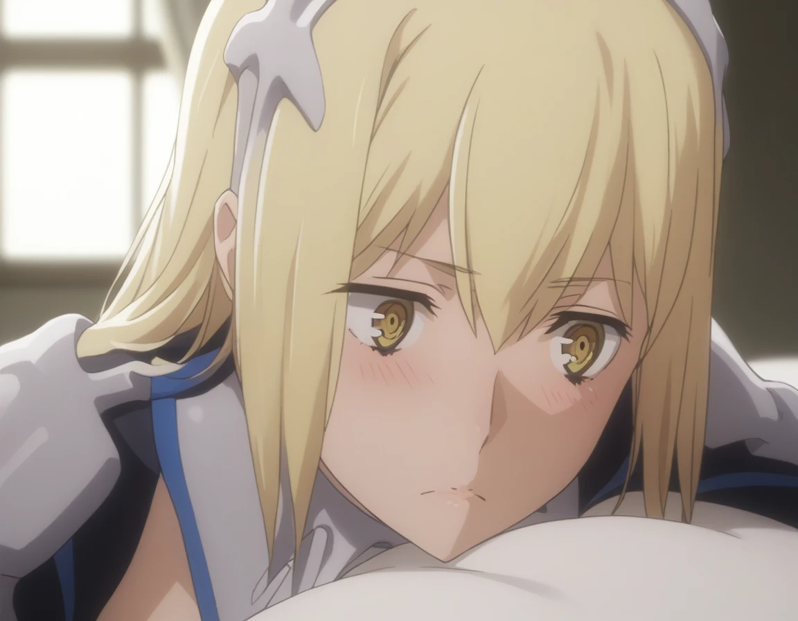 sauce_anime, ambient light, 
1 girl, Ais Wallenstein, bangs, long hair, yellow eyes, blond hair, furrowed brow,  wince, frown , close up face:0.2, 
(show off breast),   hairband, torn armored dress, , thigh boots, (in white panties), pussy juice,,  
indoors, bed, realistic bed room, , (on side) ,, slim body,                                                          
cowboy shot, looking down, solo, , blush, , closed mouth, saliva, nipples,  medium breast,