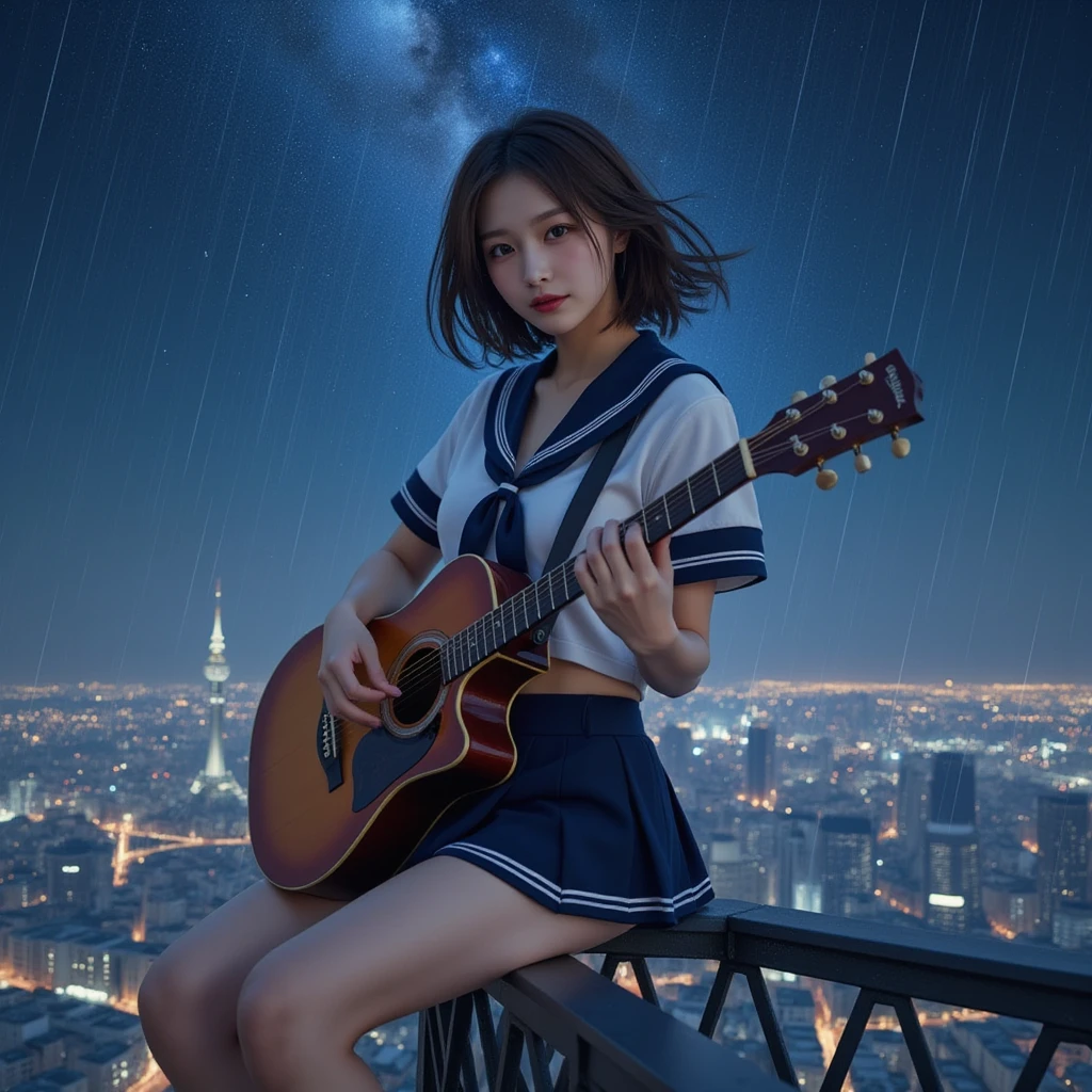  A woman sits at the tip of the steel frame of a tall radio tower,  Global Lighting ,  side view, from side:1.8, (Best Quality:1.4),   32k high resolution UHD  , (masterpiece:1.2),   Extremely Detailed Real Photo , (Realistic, 超Realistic:1.4),  in heavy rain  , Beautiful Japanese woman ,   Famous Beautiful Japanese Idol  ,  plays acoustic guitar:1.5, (Gibson folk guitar ), Perfect composition, Proper placement, Golden Ratio, Clear night sky,   full of stars:1.331, milky way, Milky Way, Cityscape,  Skyscrapers, Skytree,  anatomically correct proportions  :1.331,   has a small head :1.331,  Slender body:1.331,   thin waist :1.331, Thin limbs:1.331,   flat chest:1.331,  Cover your chest  :1.21,   Japanese high school sailor suit   :1.21, Short sleeve clothing,  White Short Sleeve Sailor Suit  :1.21, sera fuku:1.21,  navy mini skirt , I can see her belly button ,  , Brown Hair,   wavy hair  :1.21,  symmetrical eyes ,  Beautiful Hair Fluttering in the Wind   , 