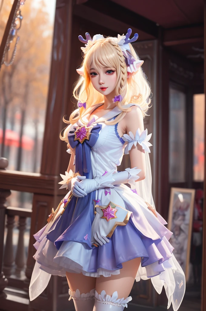 (( very detailed CG)),1 Girl,masterpiece,Delicate CG rendering ,( high detailed skin :1), smooth skin, Ultra High Resolution , detailed portrayal of sexual pleasure ,  perfect figure  ,Female body,  exquisite facial features,Gloves, White_Gloves, skirt, White_beat,  alone ,  blonde girl _hair, antlers >