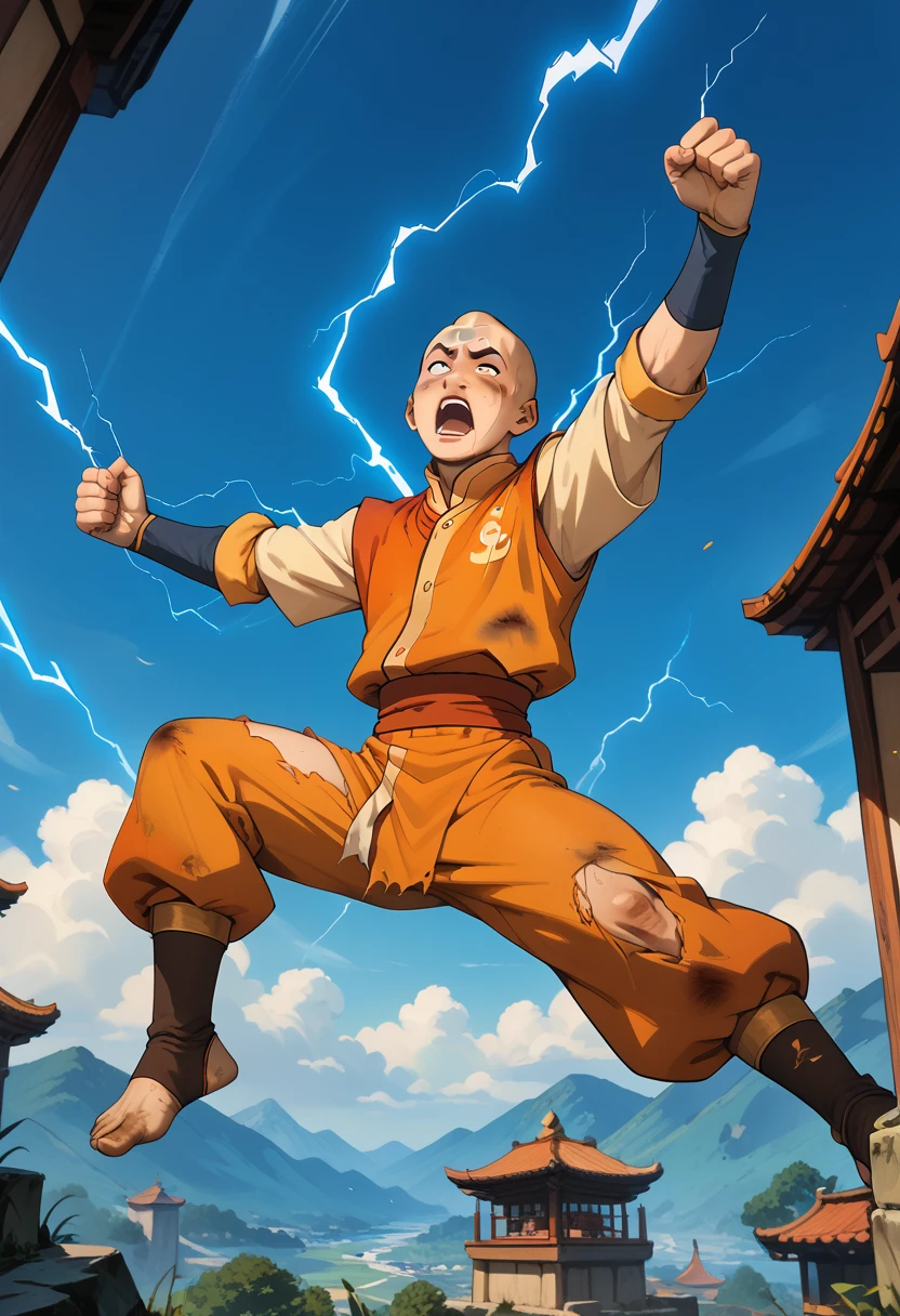 Avatar Aang, The Last Airbender, full body,  bald, he is being electrocuted by  a powerful bolt of blue lightning, he is suspended in the air, wearing orange and white air bender nation clothes, painful expression, he is screaming, back arched, top down view, contorted limbs, bruised and beaten, torn clothes,