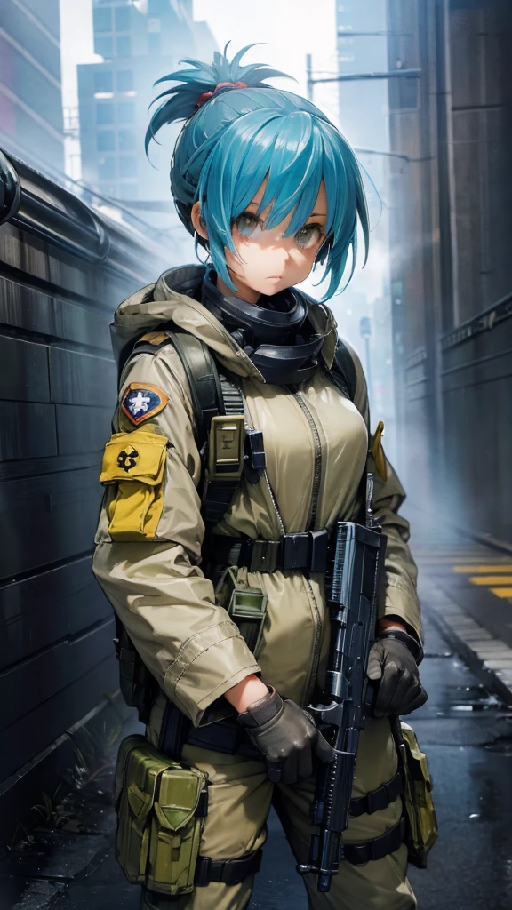 Create an illustration of an anime-style character with a modern, edgy look. The character has short, teal-blue hair and a serious expression, wearing a bright yellow hooded jacket over a gray outfit, with a dark gray tactical vest. She holds a military-style rifle in both hands, and has various accessories that give a post-apocalyptic or survivor vibe. Her jacket has badges on the sleeves, and around her neck hangs a large cross and other religious or symbolic beads. She also wears gloves and a tactical belt with pouches, grenades, and a distinct yellow ornament. The background is minimalist with a misty, grayish gradient, evoking a sense of isolation or desolation.