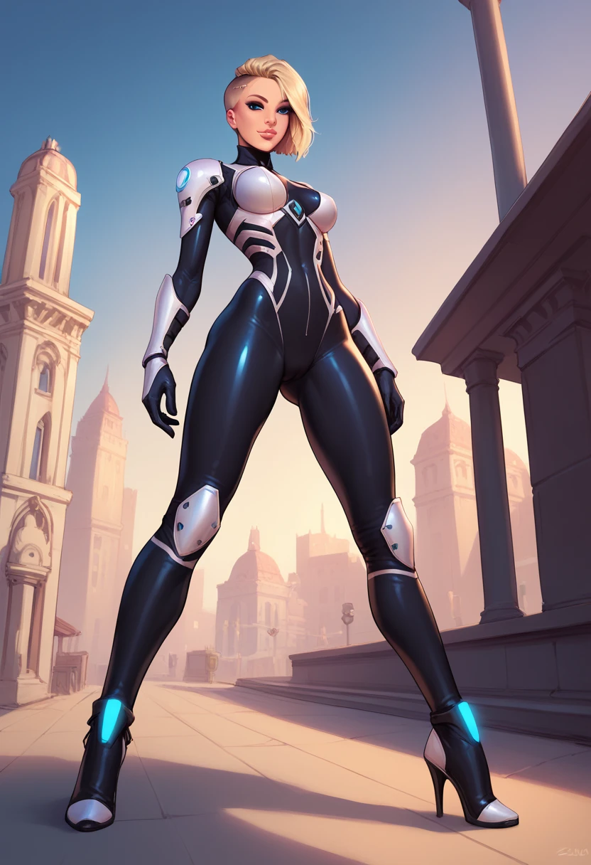 score9, score_8_up, score_7_up,, , medium breasts, , looking at viewer, standing ,spread legs, dynamic angle ,spread legs,cowboy shot, 1girl , helmet, full body, high heels, ruined city, warscape,  from below, thin waist, 
,bodysuit, armor, femtemplar,  g0thicPXL, glowing, neon, zPDXL3,
 ganassa.
 gwen stacy, blonde hair,undercut,blue eyes