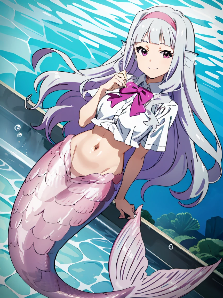 (((pixel-perfect, detail-perfect))), solo, 1girl, takane shijou, purple hairband, big , shirt, bow, looking at viewer, smile, pink mermaid, pink mermaid tail below waistline, pink scales mermaid tail, underwater pool, bubble airs,