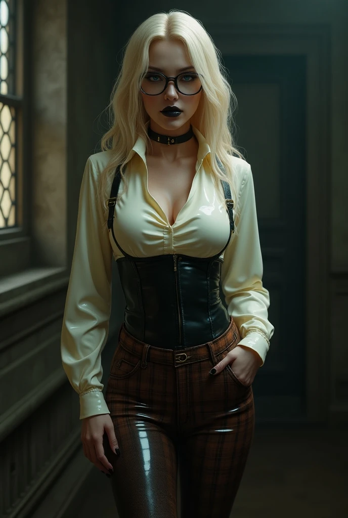 a curvy crying woman with blonde hair wearing glasses, bondage, zombies im hintergrund, apokalypse, schweiss
