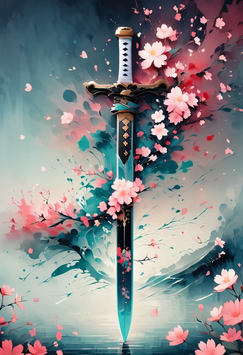 masterpiece, best quality, high detailed, newest,1sword, the sword is entwined with delicate cherry blossom branches. Flower Leaves,Cherry blossom branches, minimalist background, Japanese ink art style, peaceful, flower wrap around the sword handle, sword focus, ink art, no humans, close up, flower pattern handles, flower pattern sword, ocean, intricate detail, elaborates design, cinematic poster, petals, flower petals, crimson and white color sceme, analogous color,splash paint,(abstract:0.5),elegant