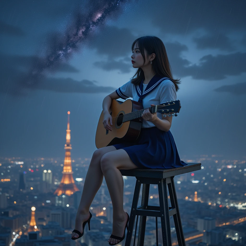  A woman sits at the tip of the steel frame of a tall radio tower,  Global Lighting ,  side view, from side:1.8, (Best Quality:1.4),   32k high resolution UHD  , (masterpiece:1.2),   Extremely Detailed Real Photo , (Realistic, 超Realistic:1.4),  in heavy rain  , Beautiful Japanese woman ,   Famous Beautiful Japanese Idol  ,  plays acoustic guitar:1.5, (Gibson folk guitar ), Perfect composition, Proper placement, Golden Ratio, Clear night sky,   full of stars:1.331, milky way, Milky Way, Cityscape,  Skyscrapers, Skytree,  anatomically correct proportions  :1.331,   has a small head :1.331,  Slender body:1.331,   thin waist :1.331, Thin limbs:1.331,   flat chest:1.331,  Cover your chest  :1.21,   Japanese high school sailor suit   :1.21, Short sleeve clothing,  White Short Sleeve Sailor Suit  :1.21, sera fuku:1.21,  navy mini skirt , I can see her belly button ,  , Brown Hair,   wavy hair  :1.21,  symmetrical eyes ,  Beautiful Hair Fluttering in the Wind   , 