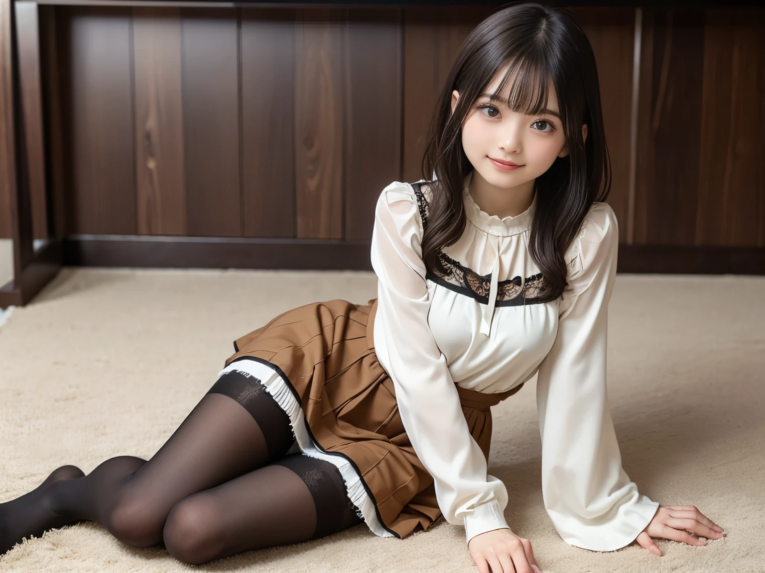 Pleated miniskirt:1.5, indoor, vulgar room, (Transparent lace:1.2), depth of fields, (look from down:1.3