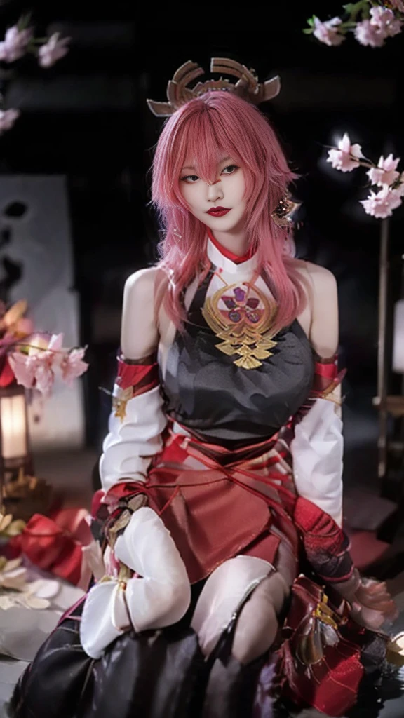 1girl, (ulzzang-6500:0.7), kpop idol, yae miko, detached sleeves, bare shoulders, pink hair, long hair, japanese clothes, best quality, (painting:1.5), (hair ornament:1.35), jewelry, purple eyes, earrings, large_breasts, torii,  cherry blossoms,  lantern light, depth of field, detailed face, face focus, ribbon_trim, (looking at viewer:1.25), nontraditional miko, shiny skin, long sleeves, thick lips, game cg, east asian architecture, (blurry background:1.2), upper body,